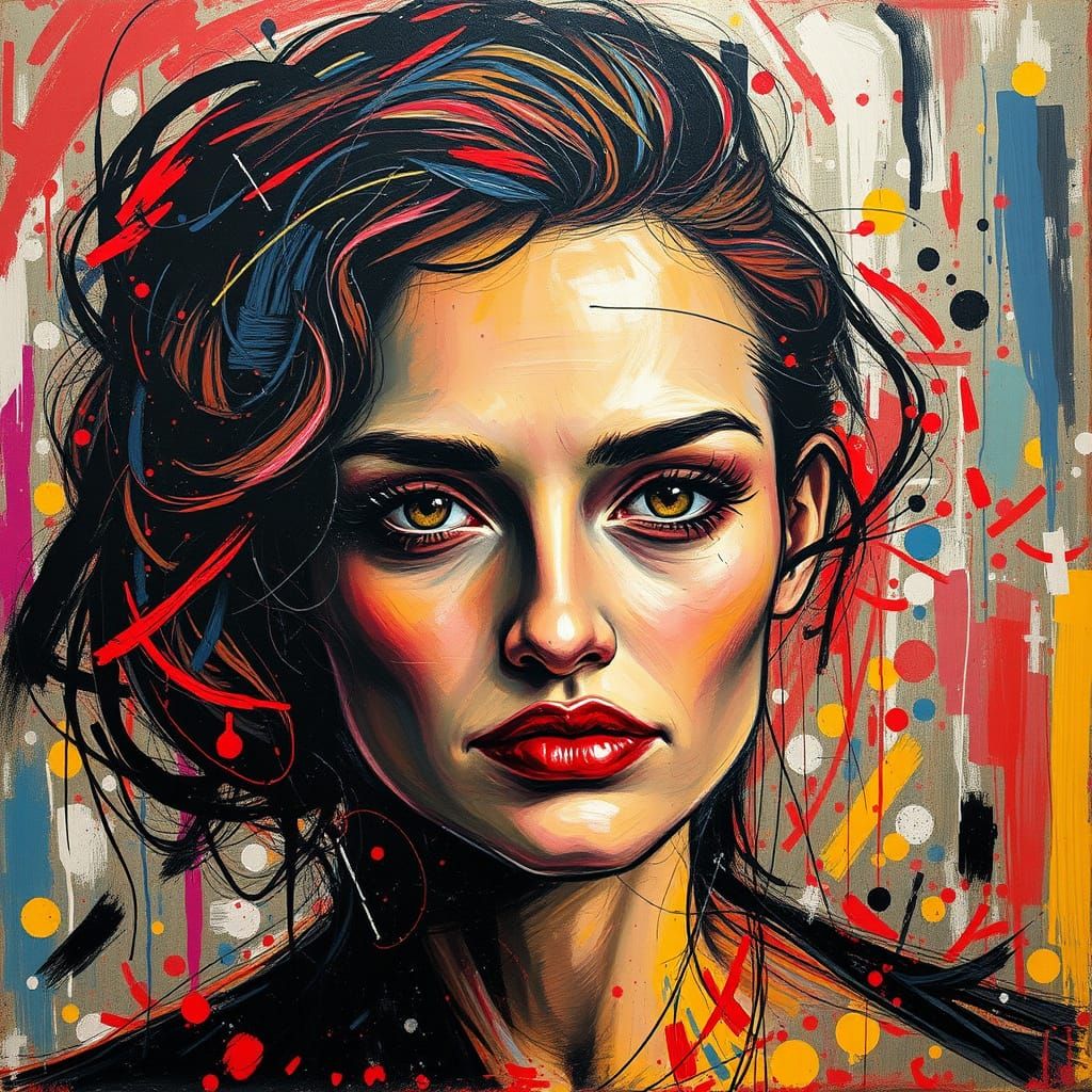 Abstract Expressionist Portrait with Chaotic Swirling Patter...