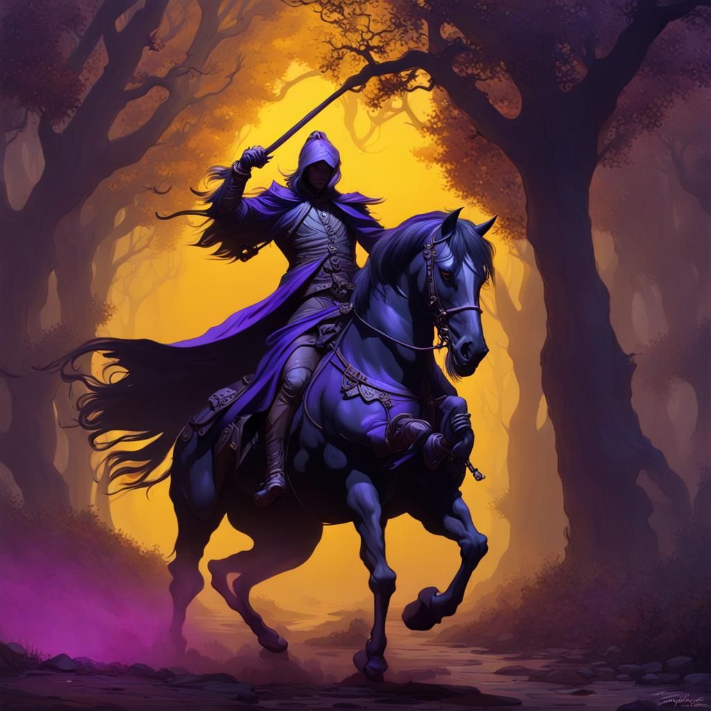 Headless Horseman on Rearing Friesian in Dark Fantasy Style