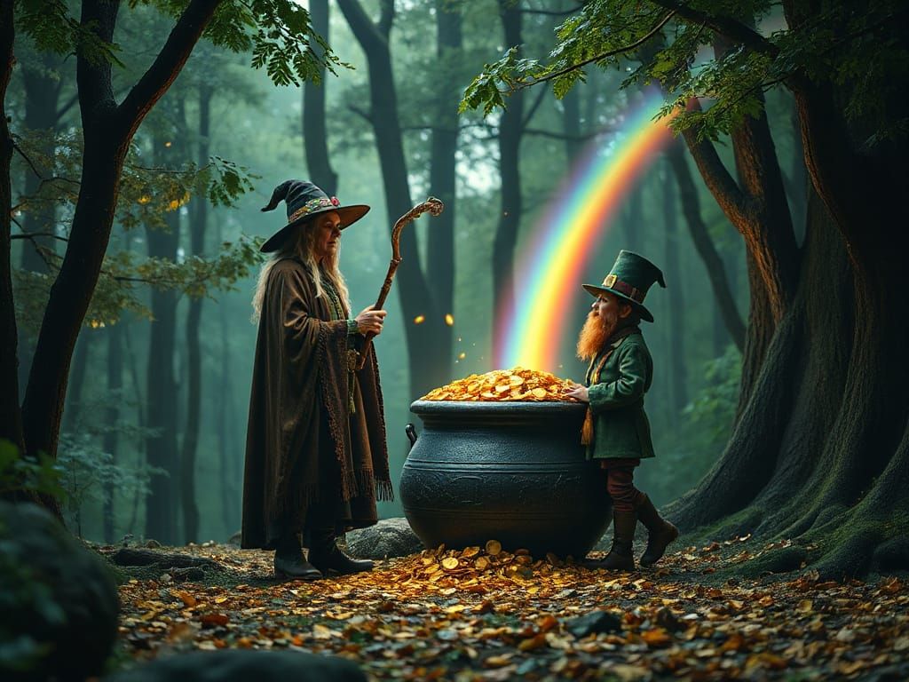 Witch and Leprechaun with Pot of Gold in Fantastical Forest