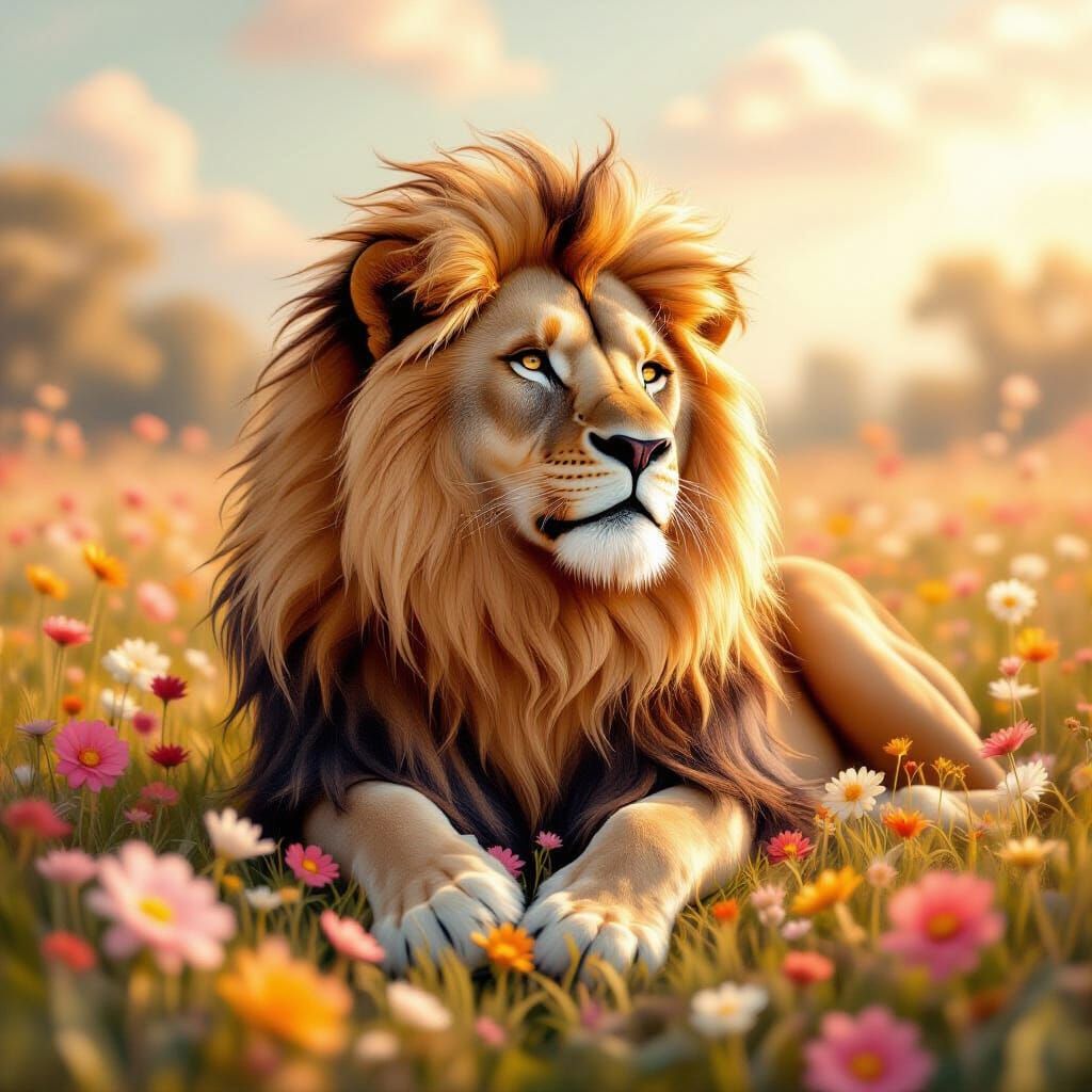 Majestic Lion in Gummy Flower Meadow, Ethereal Fantasy Style