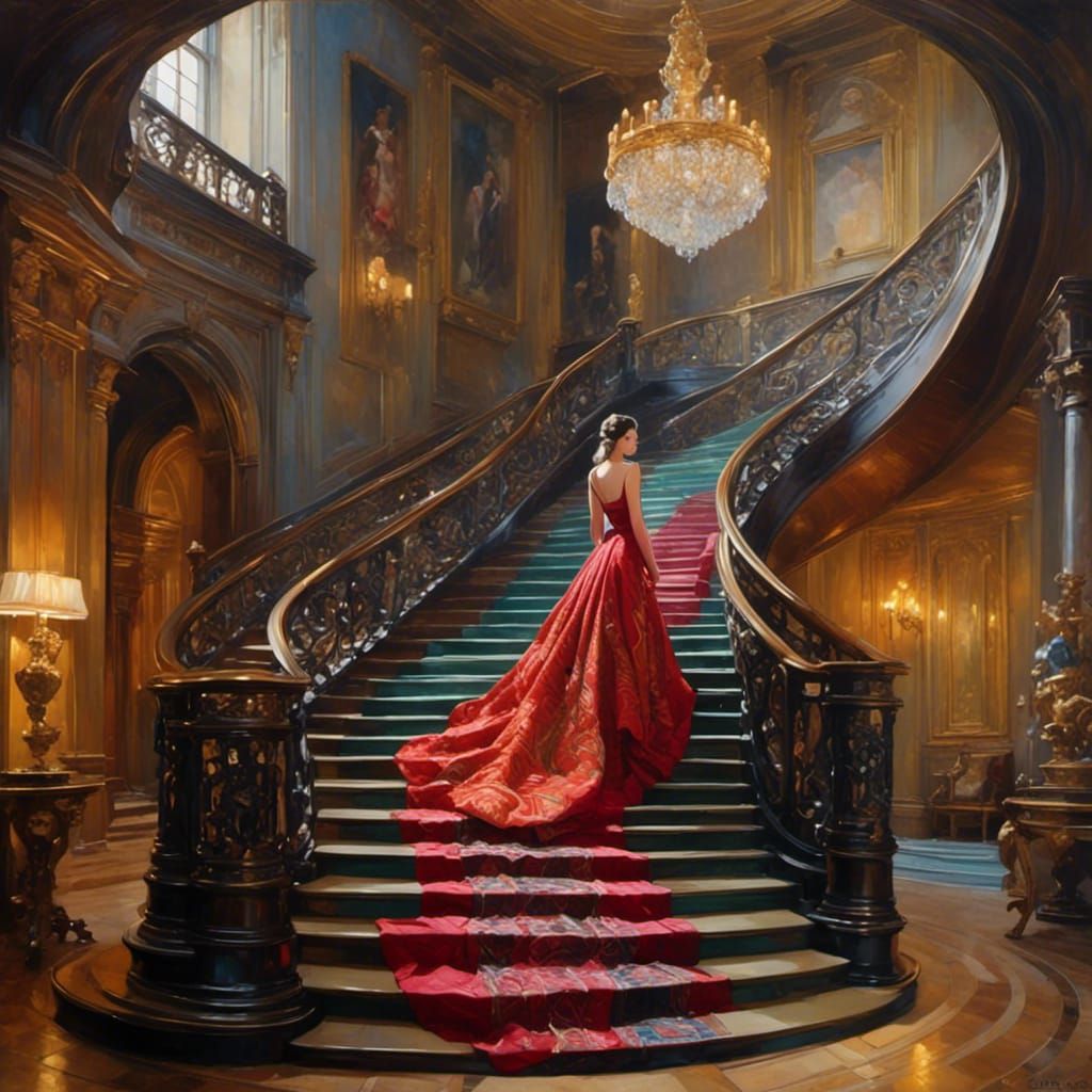 <lora:Beautiful Visions:1.0> Grand staircase in an ancient scottish castle, pretty lady walking down staircase in elabor...