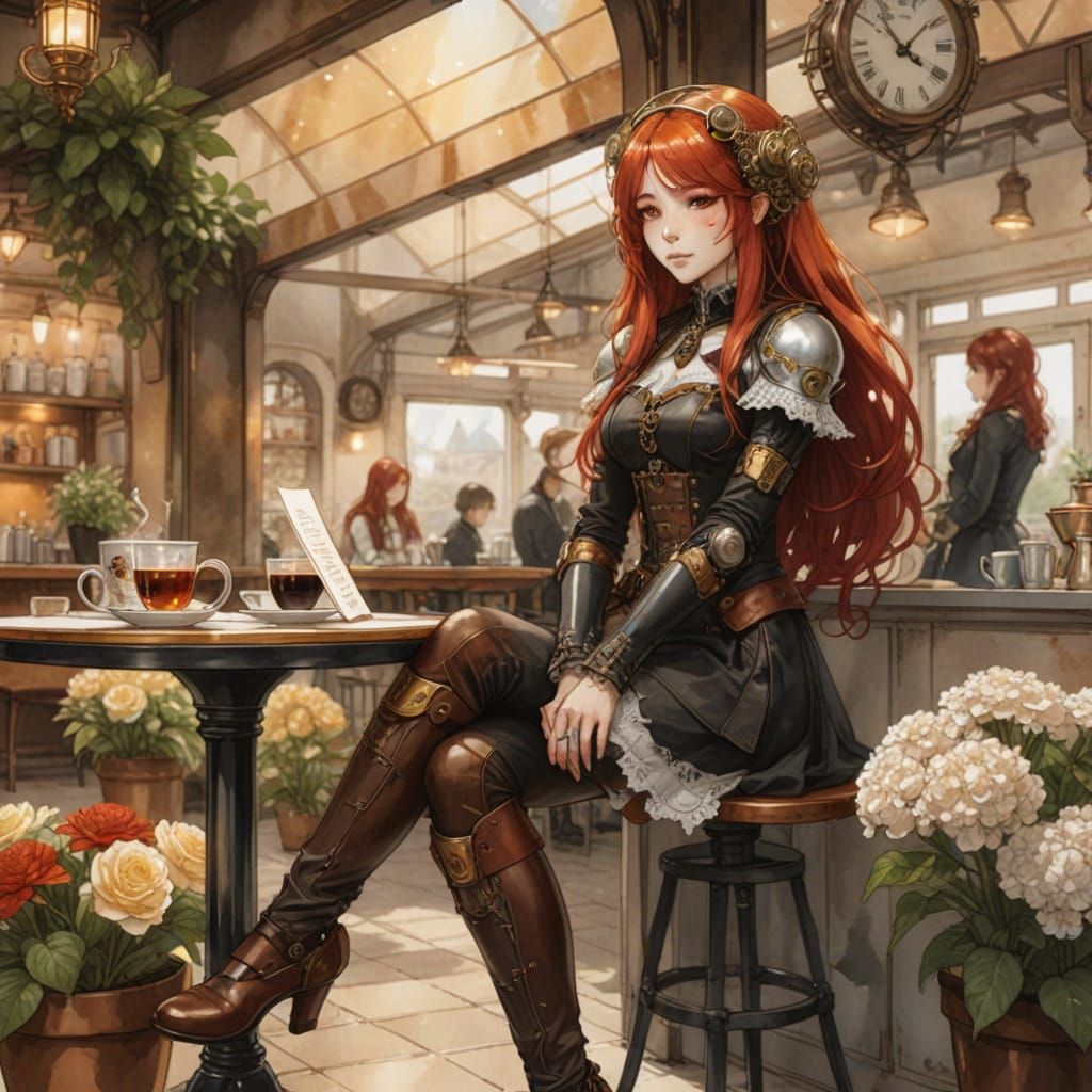 Steampunk Cyborg Having Tea in Anime Style