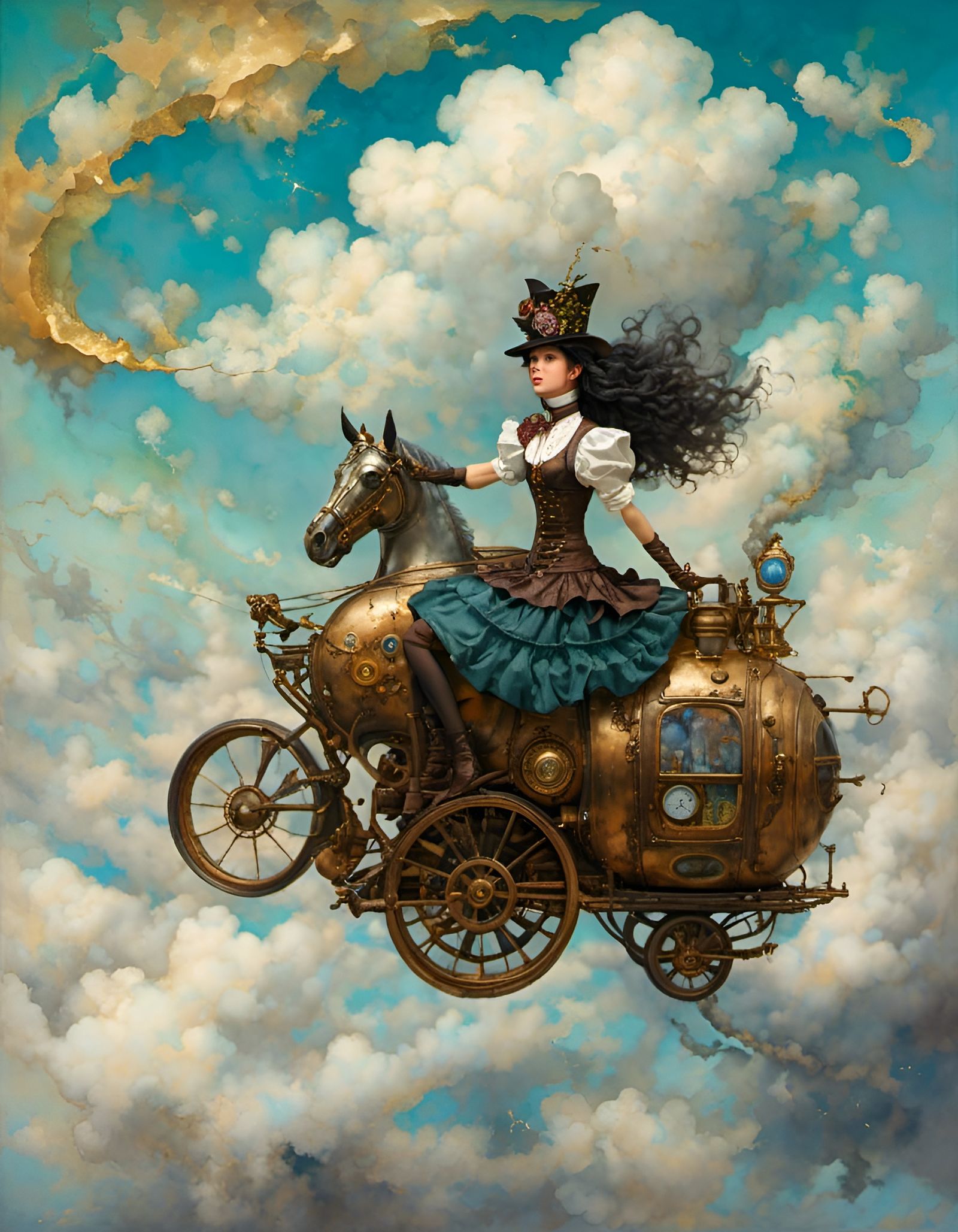 Steampunk Girl Rides a Cloud in Hyperkraximalism Style