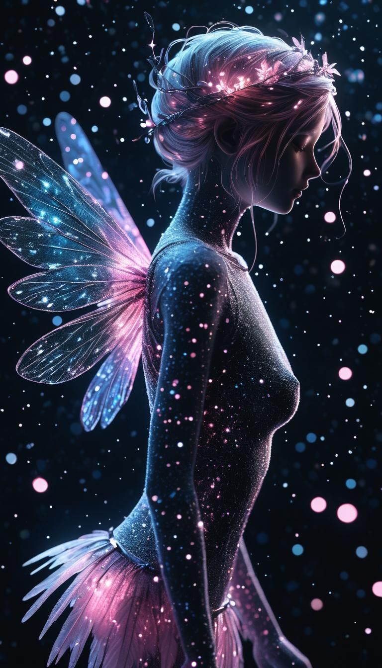 A pink shimmering starlight formed realistic fairy black bac...