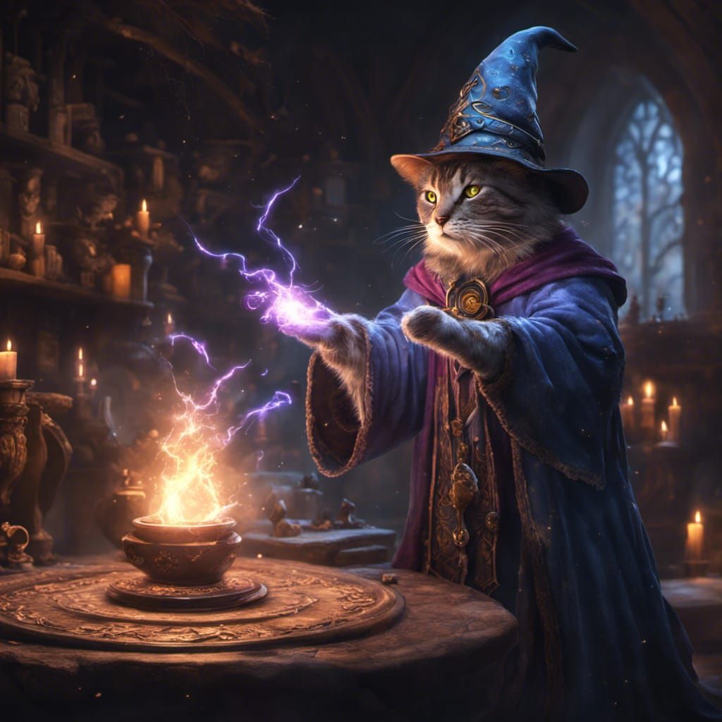 Fantasy Wizard Cat Casting a Spell