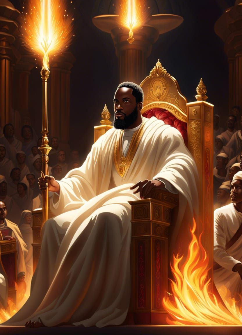 Biblical Godlike Figure Enthroned in Fiery Majesty