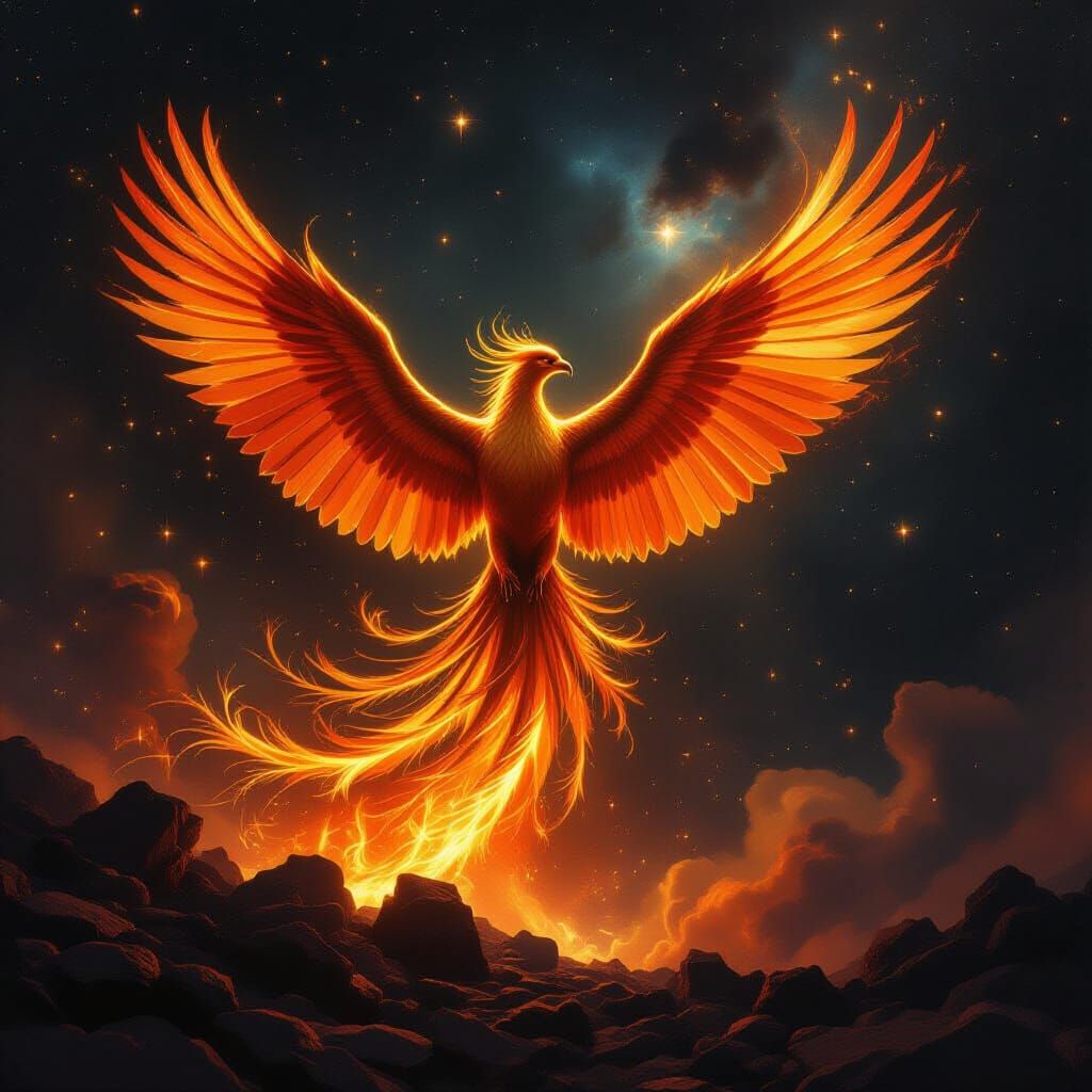 Phoenix Rising from Ashes in Molten Gold and Crimson
