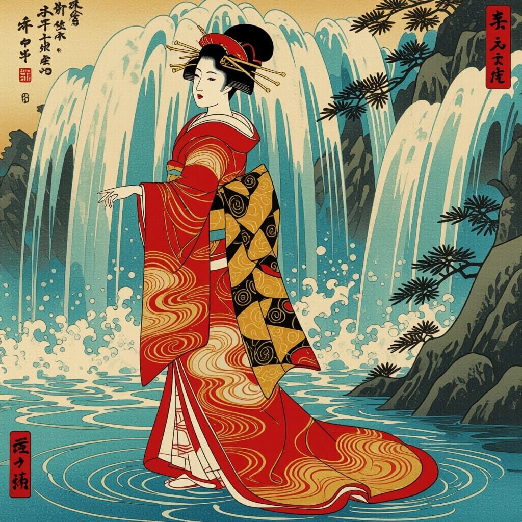 Ukiyo-e Geisha With Liquid Silk Kimono and Waterfall