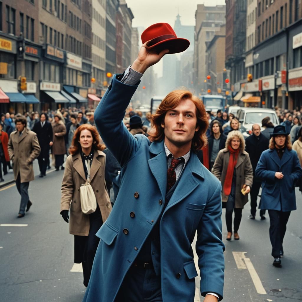 1970s Auburn-Haired Man Tossing Hat in City