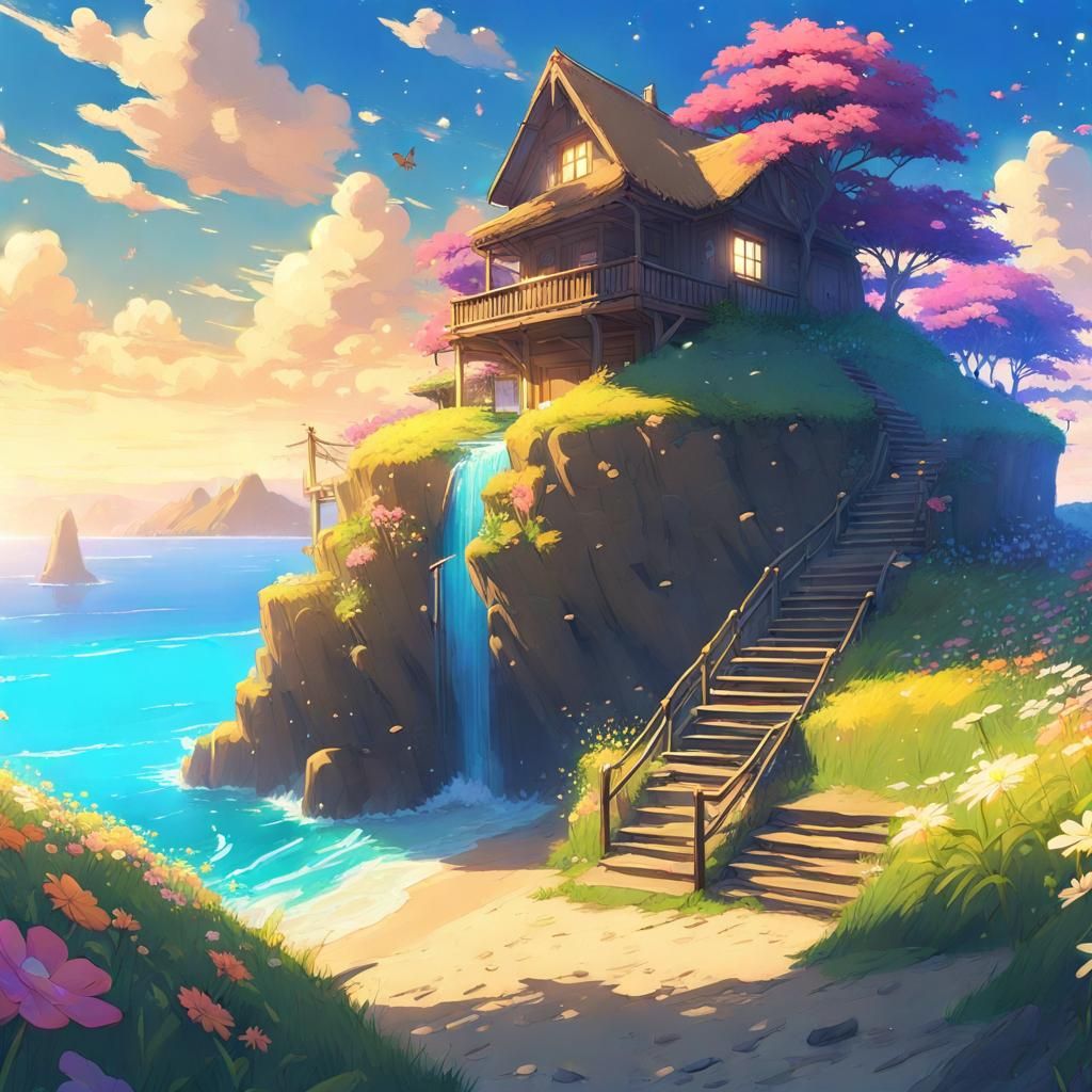 Surreal Island Beach with Cozy House and Waterfall