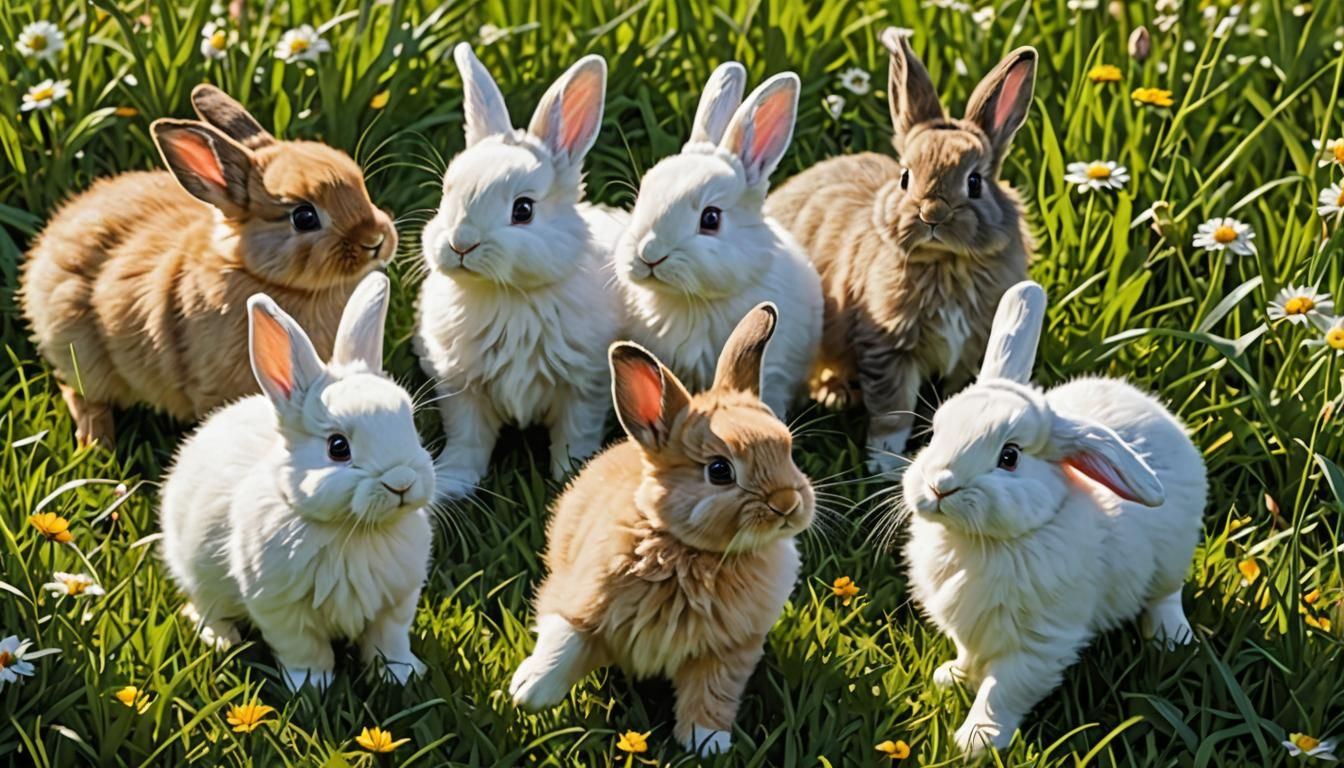 Puppies and Rabbits Frolicking in a Sunny Meadow