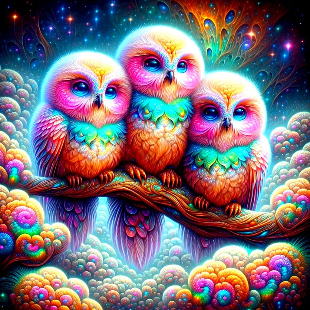Colorful Owls in Holographic Astral Illustration
