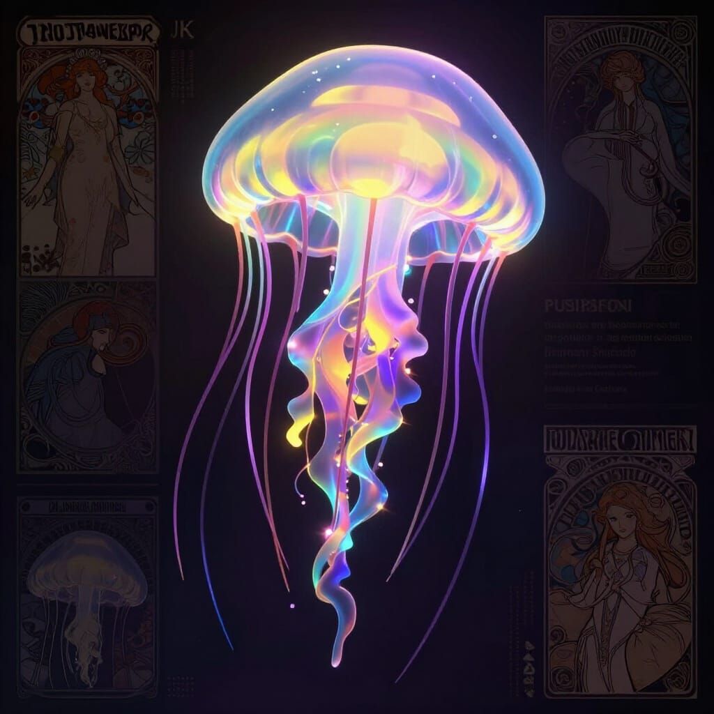 Glowing Neon Rainbow Jellyfish in Dark Fantasy Style