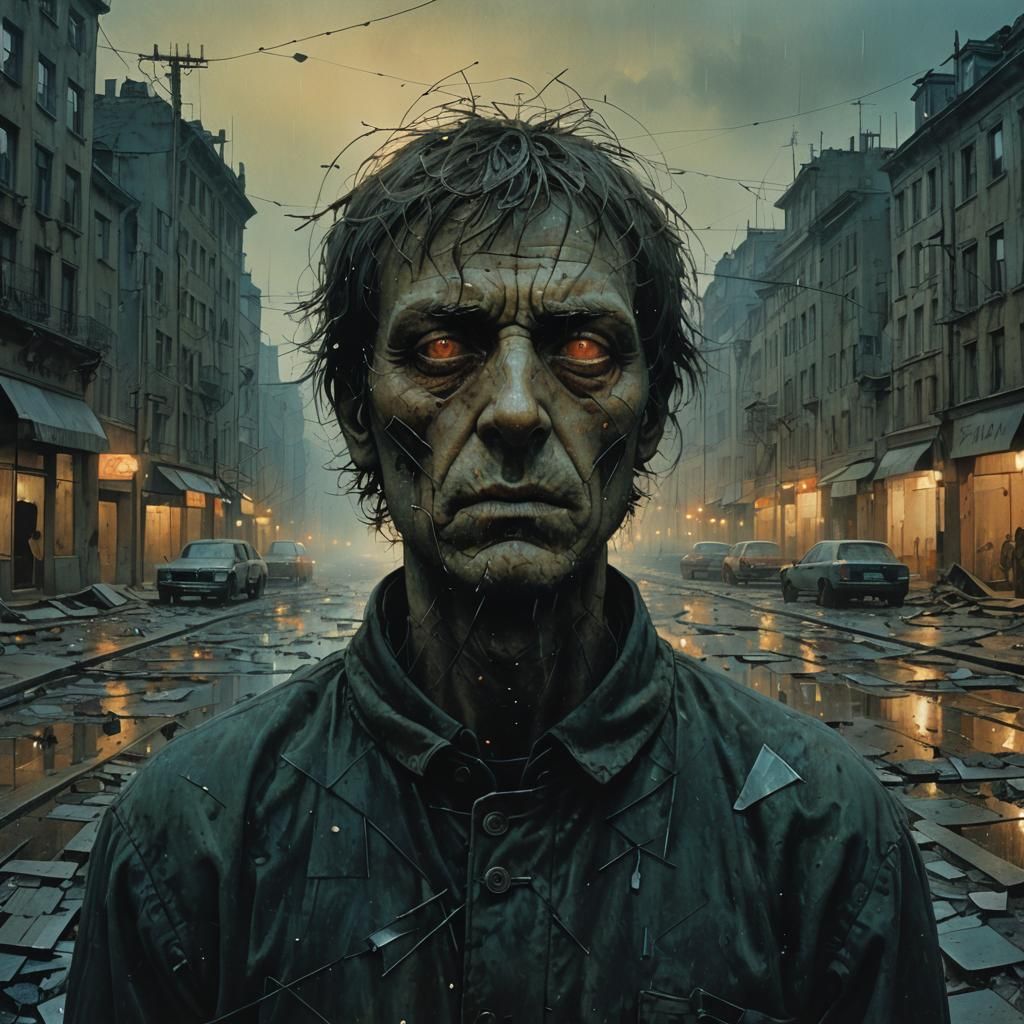 Surreal Expressionless Face in Dystopian Cityscape