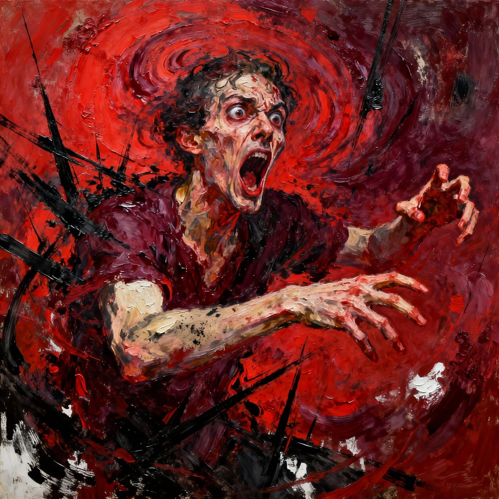 Expressionist Figure of Anguish in Dominant Red Tones