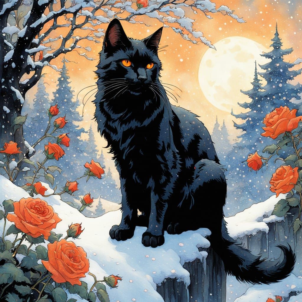 Mysterious Black Cat Surrounded by Red Roses in a Winter Won...