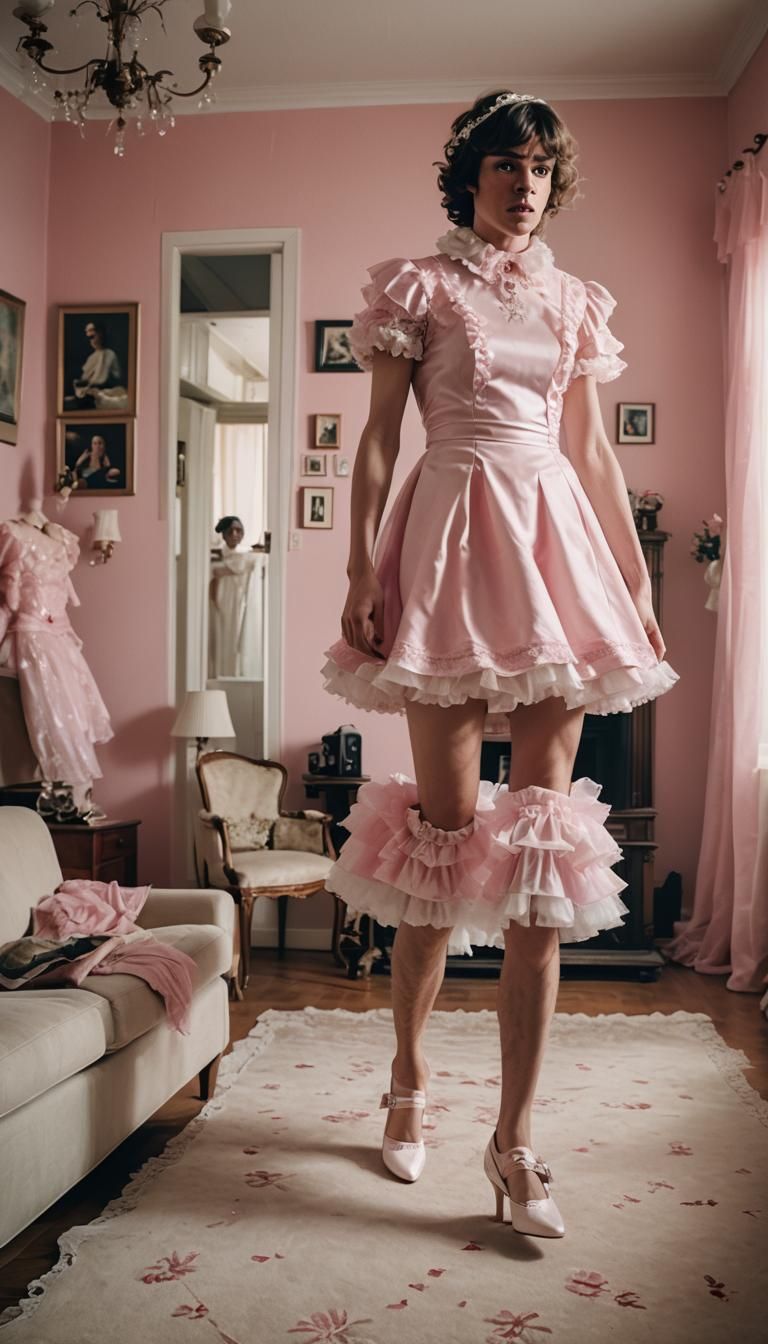 Crossdressed Boy in Frilly Dress: Cinematic Film Still