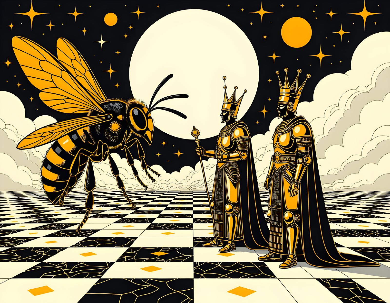 Golden Hornet of Judgment in Surreal Digital Art Style