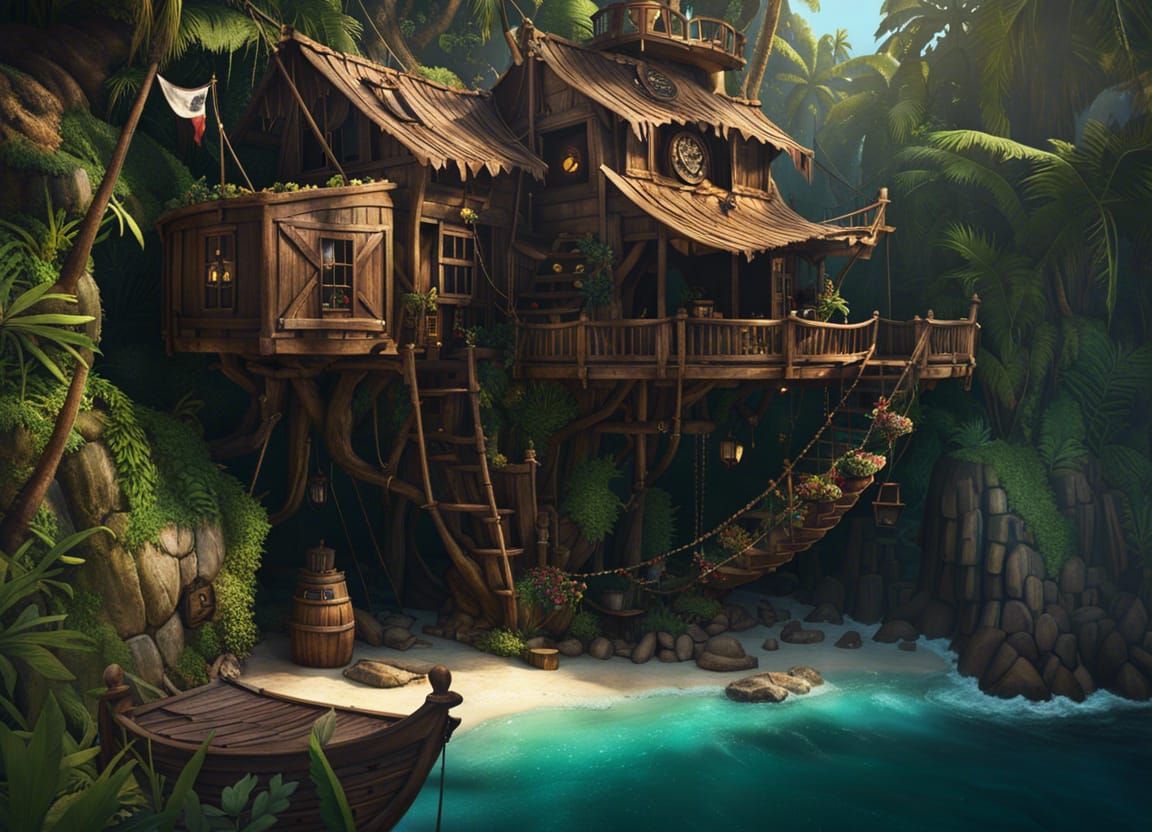 Pirate Hideaway Treehouse in Overgrown Jungle