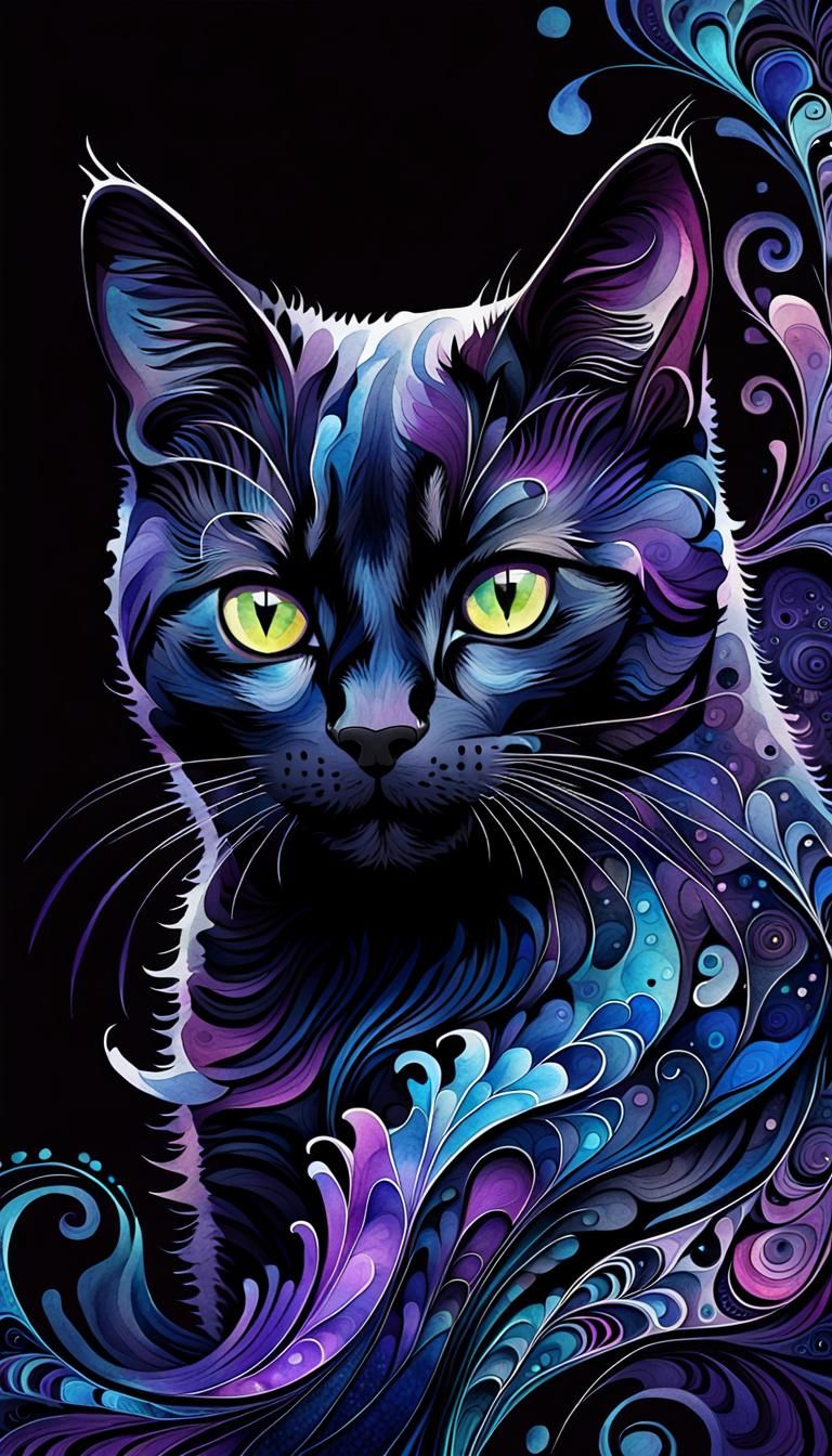 Minimalist Watercolor Black Cat Portrait with Zentangle Patt...