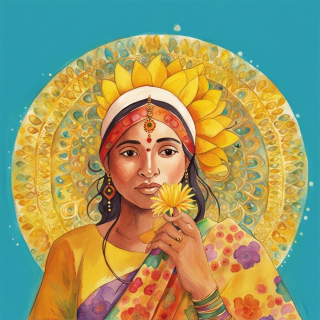 Dreamy Indian Woman with Flower, Watercolor Style