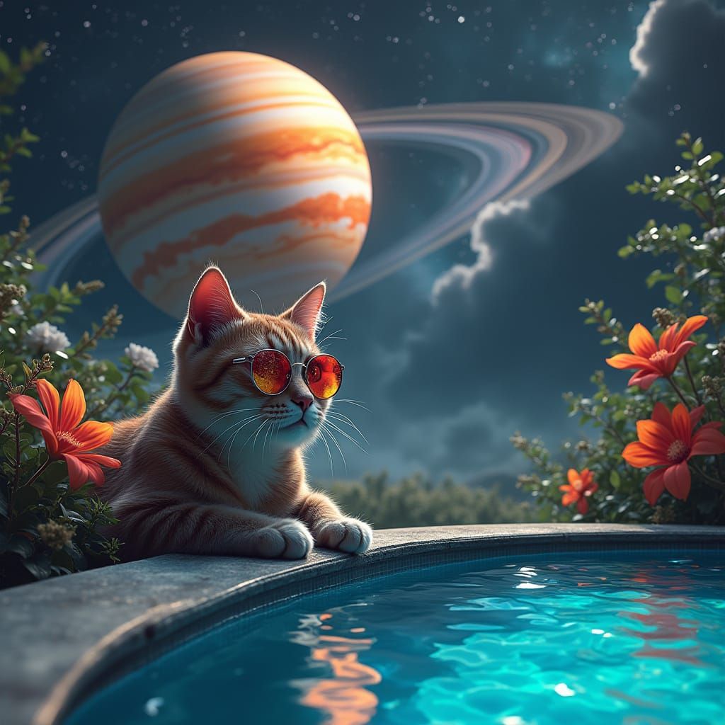 Cat in Futuristic Oasis by Jupiter and Saturn