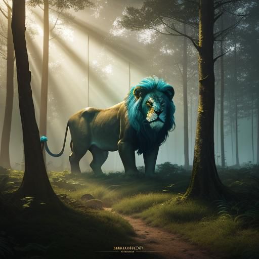 Lion in Mystical Forest, Double Exposure Concept Art