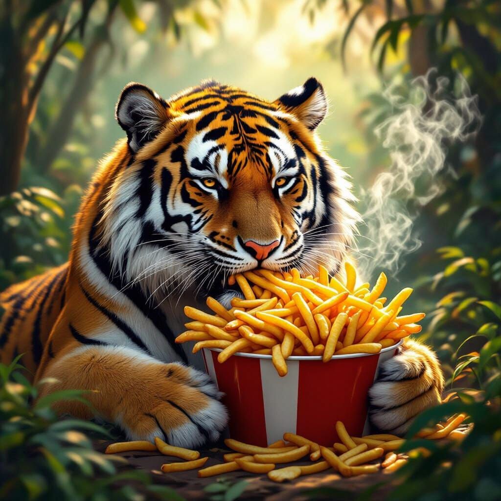 Fat Tiger Enjoys Fries in Jungle Clearing