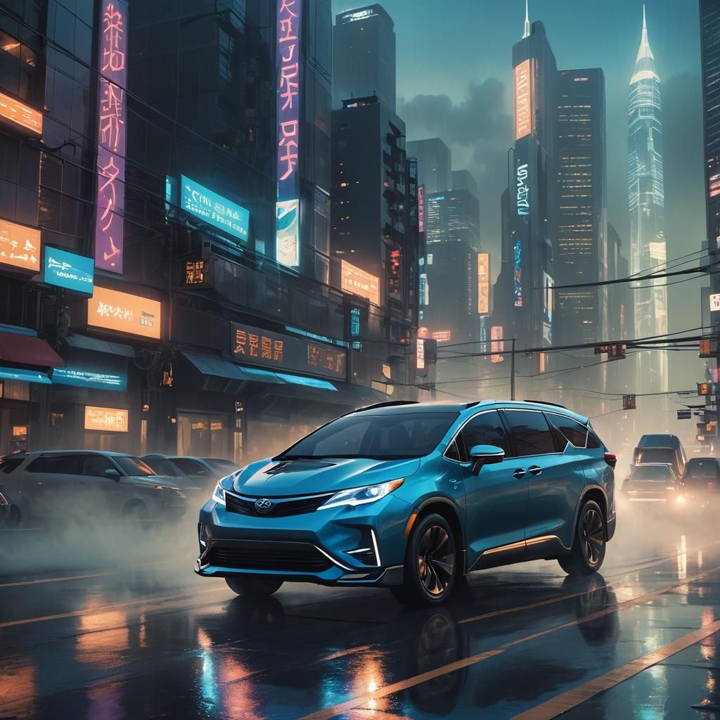 Futuristic Hovering Vehicle in Neon Cityscape