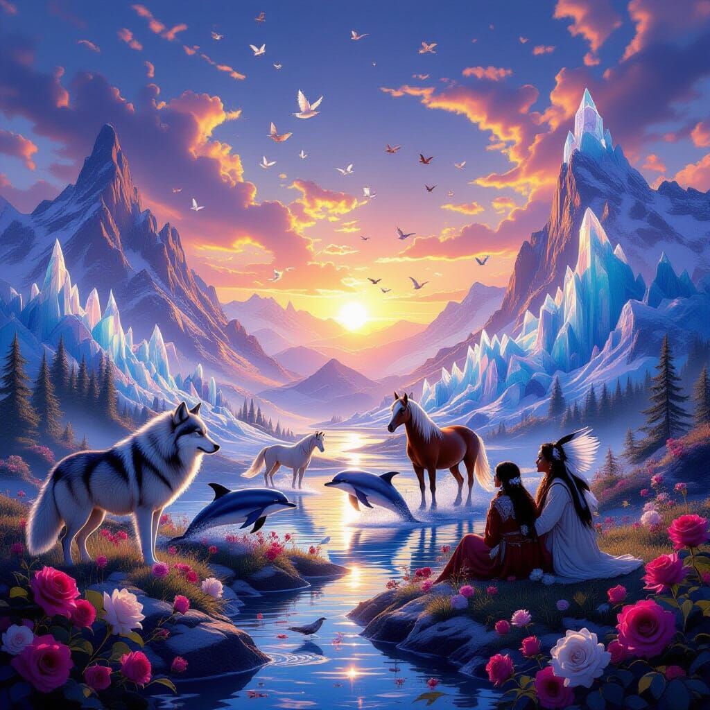 Fantasy Landscape: Wolves, Dragons, and Fairies at Sunrise/S...