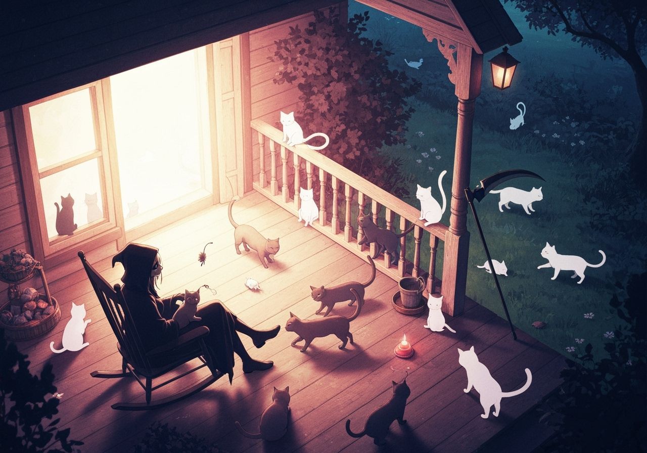 Ethereal Grim Reaper Relaxing with Cat Spirits