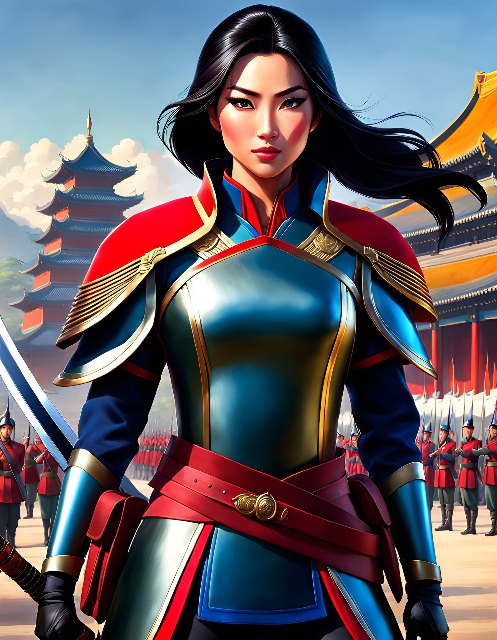 Modern Princess Mulan Soldier: Hyperrealistic Full Body Shot