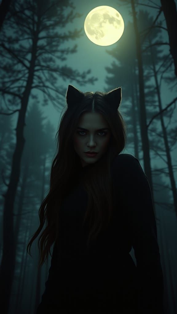 Woman Transforms into Werewolf Under Moonlit Forest