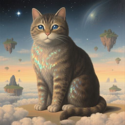 Giant Surreal Cat on Celestial Landscape