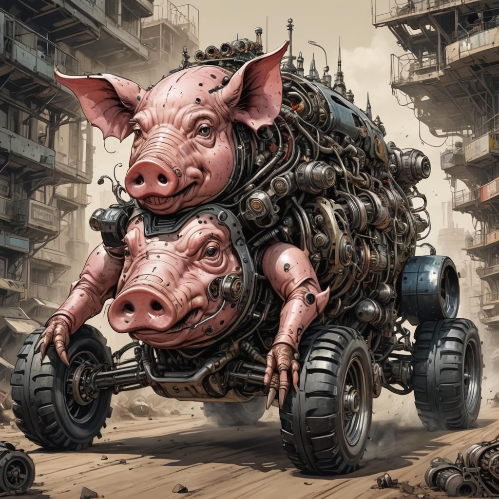 Biopunk Pig Racing Car Comic Art