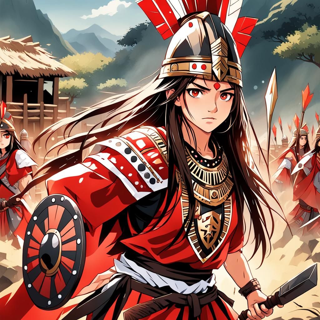 Anime Inca Warrior Girl in Village Battle