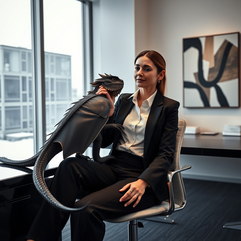 Businesswoman and Dragon in Modern Office, HDR Photo