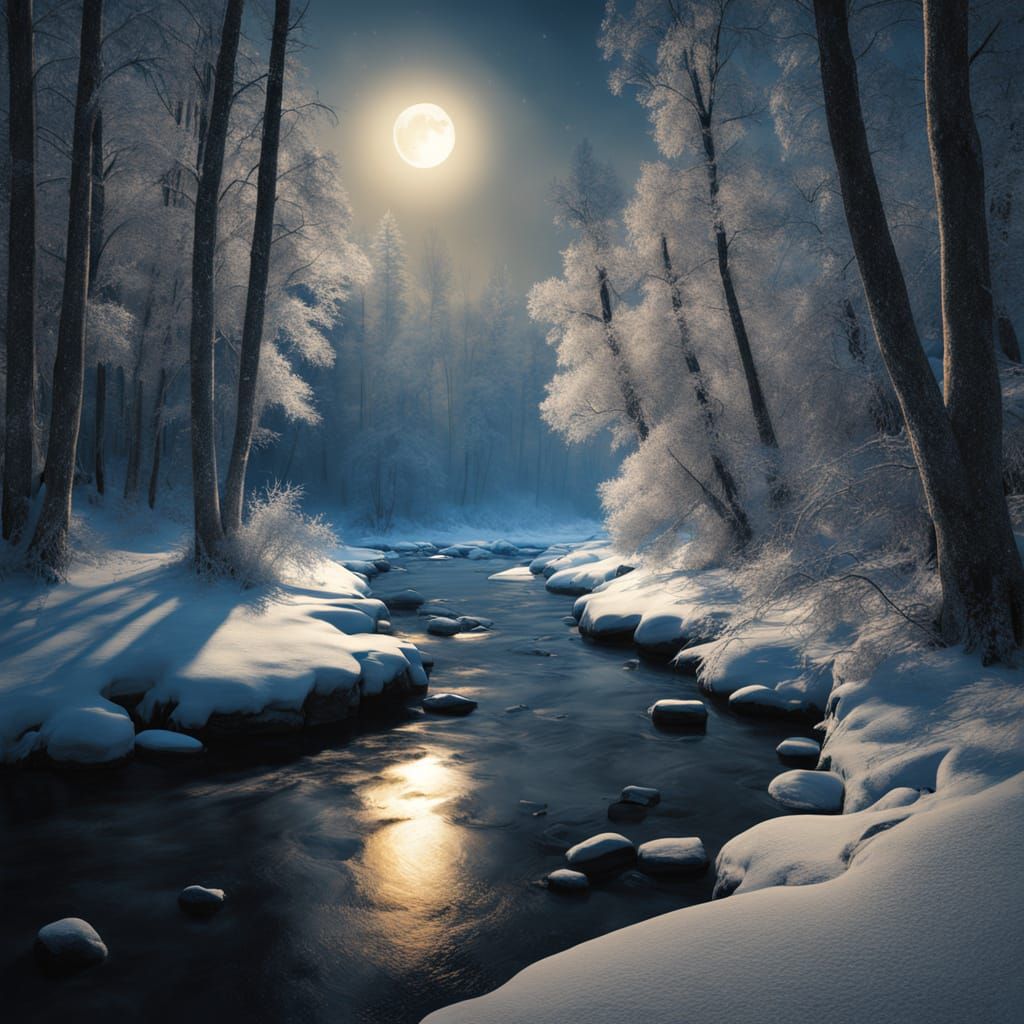 Winter Forest Illuminated by a Low-Hanging Moon