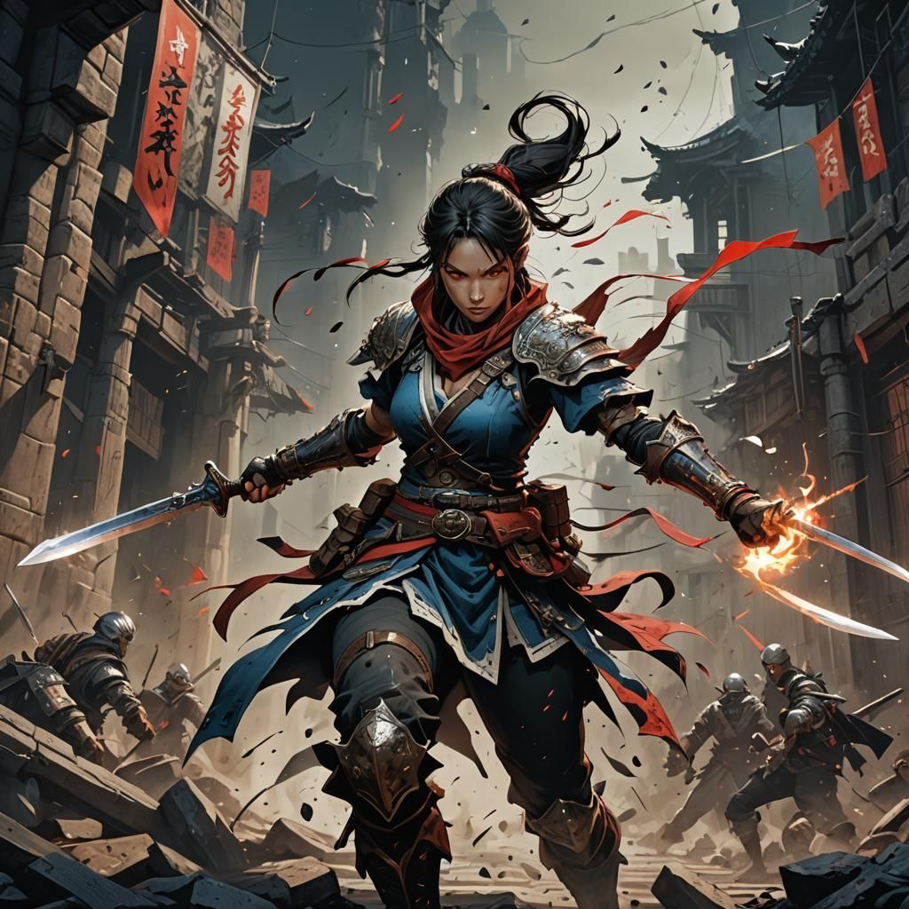 Dark Fantasy Girl Fighter in Ink Art Style