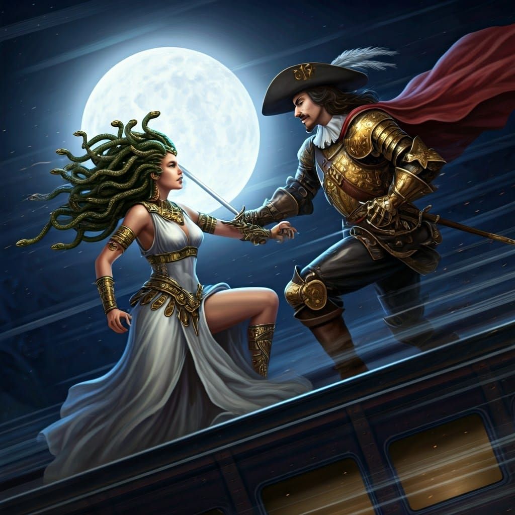 Medusa and Musketeer Duel on Train in Ethereal Moonlight