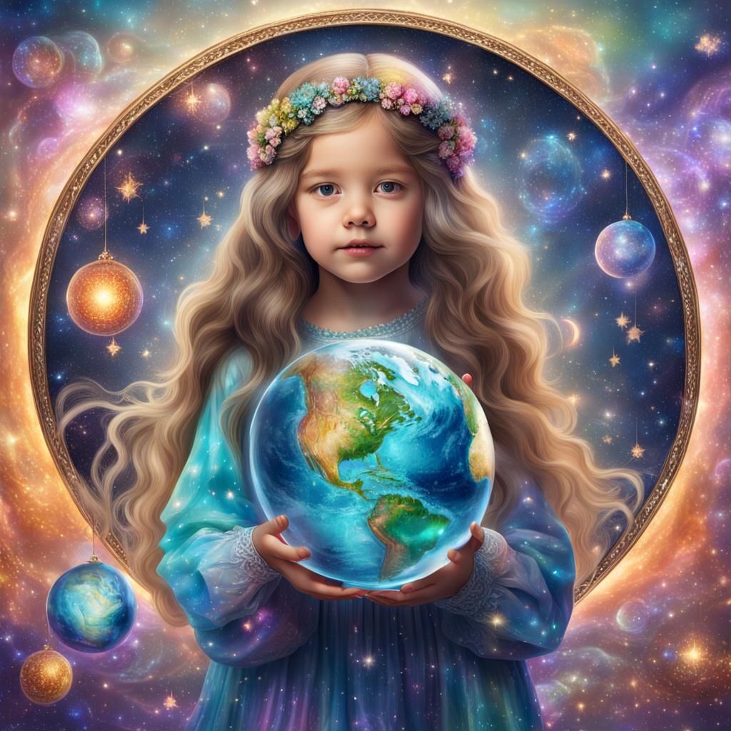 Magical Girl with Globe: Holographic Astral Illustration