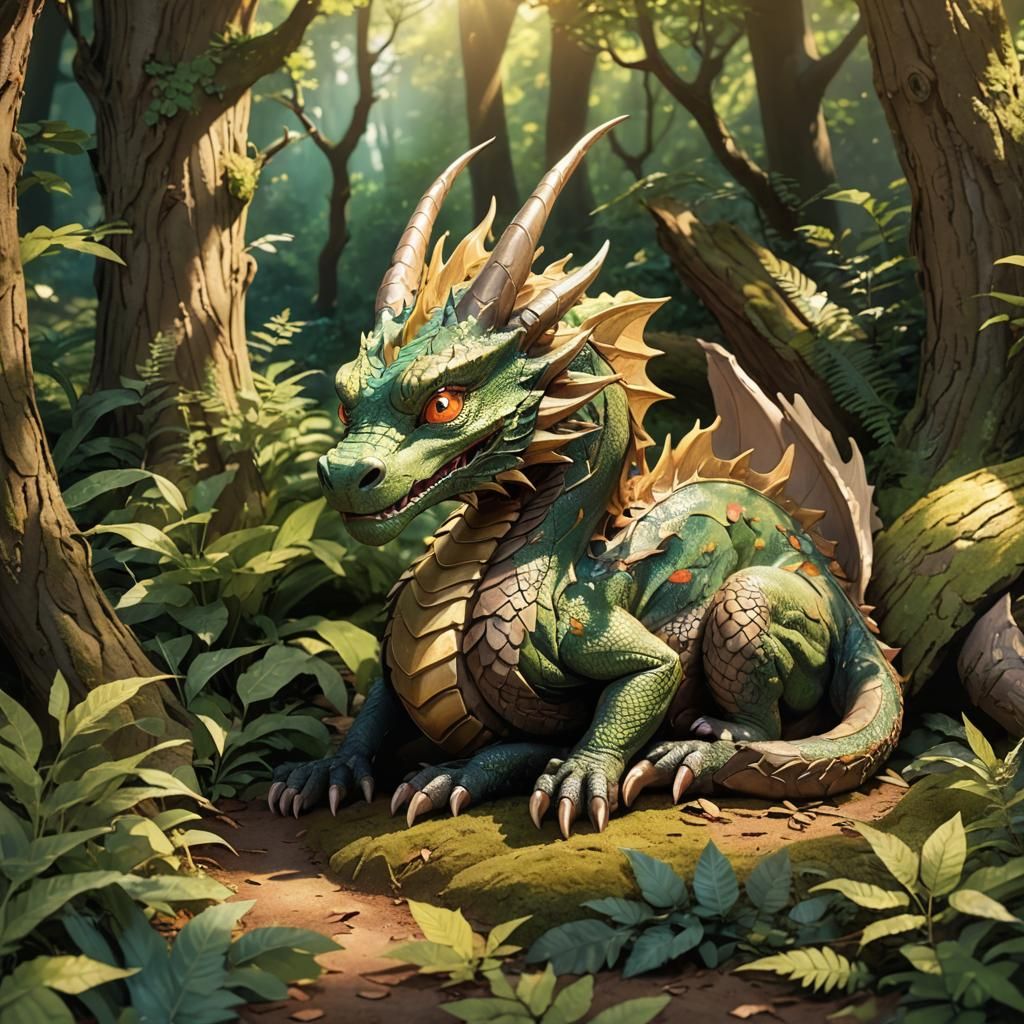 Dragon in Forest Clearing: 3D Anime Art