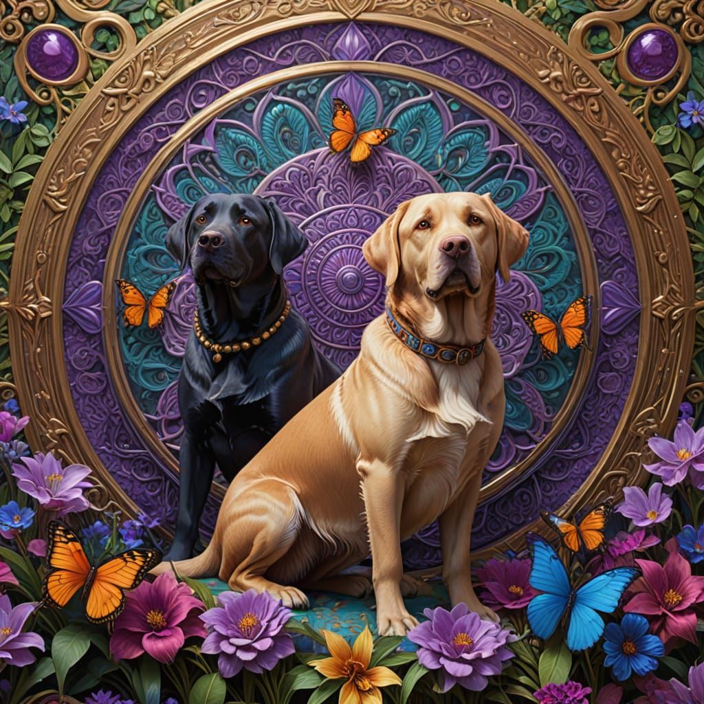 Vibrant Oil Painting of Labrador Retrievers in a Whimsical M...