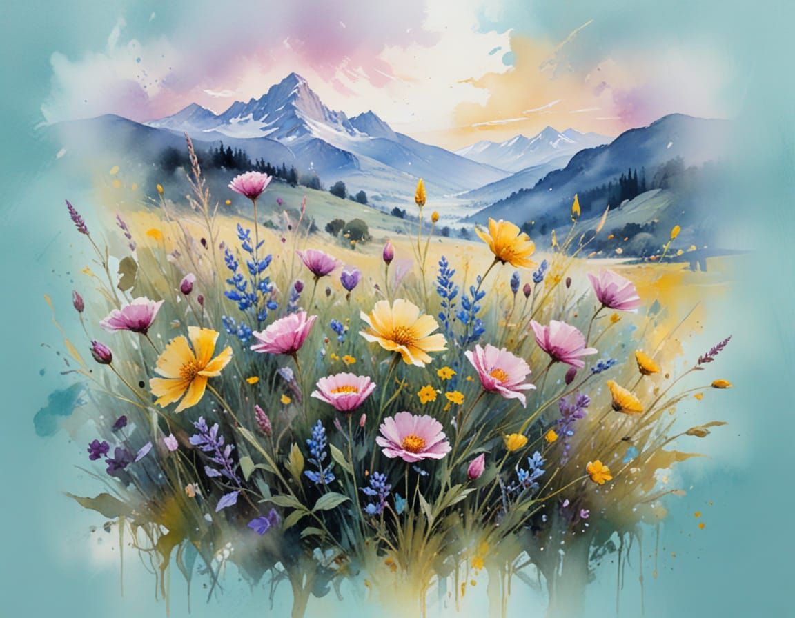 Sunlit Wildflower Meadow in Watercolour