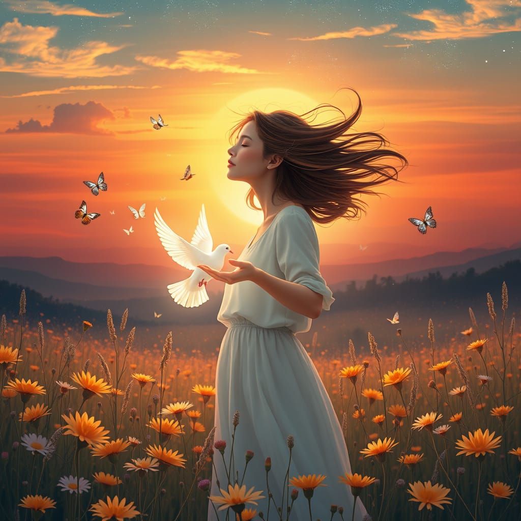Woman with Dove in Surreal Sunset Field