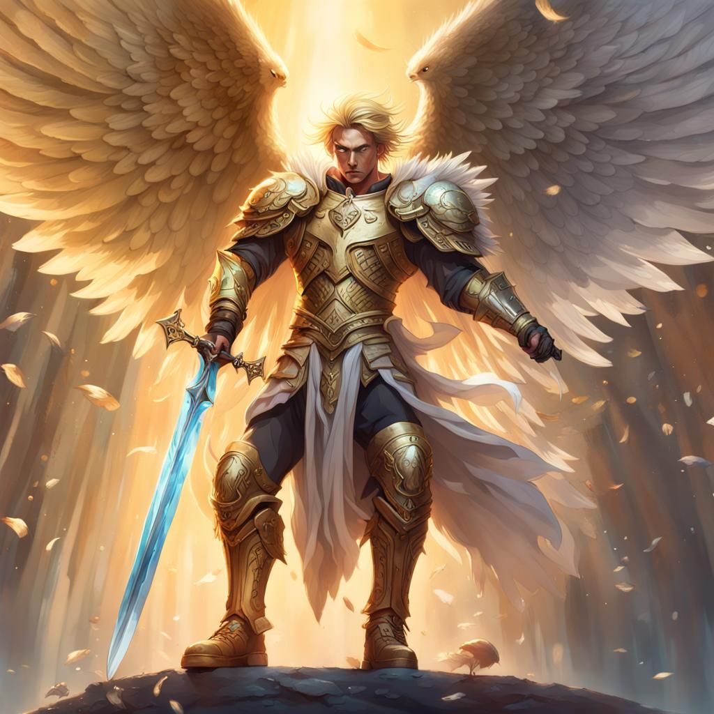 Golden Armored Angel Hovering Above Wolf-Man