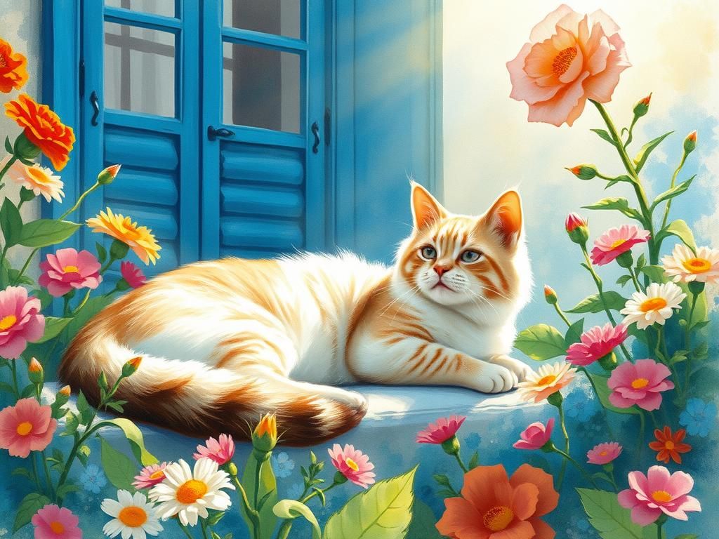 Floral Garden Cat in Impressionistic Style