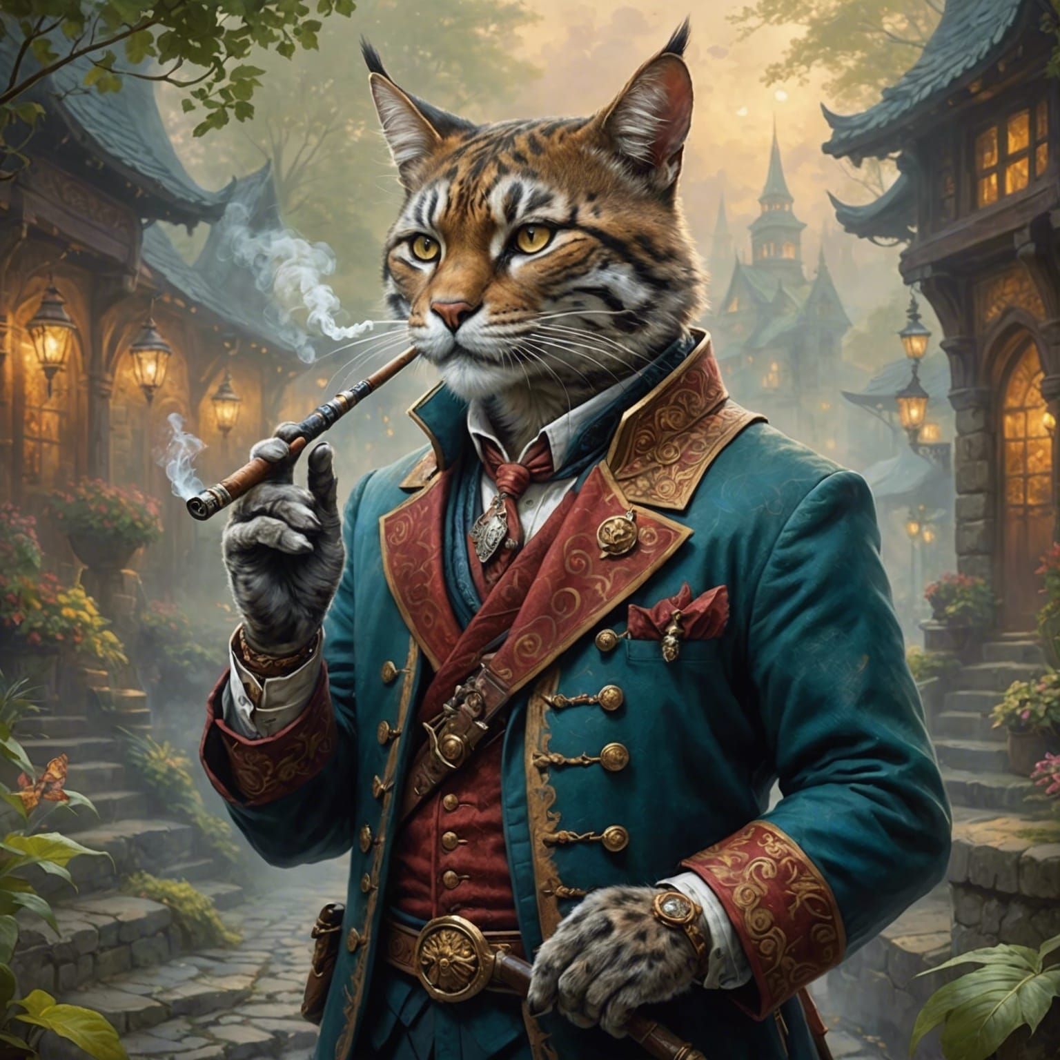 Tabaxi warrior smoking a pipe