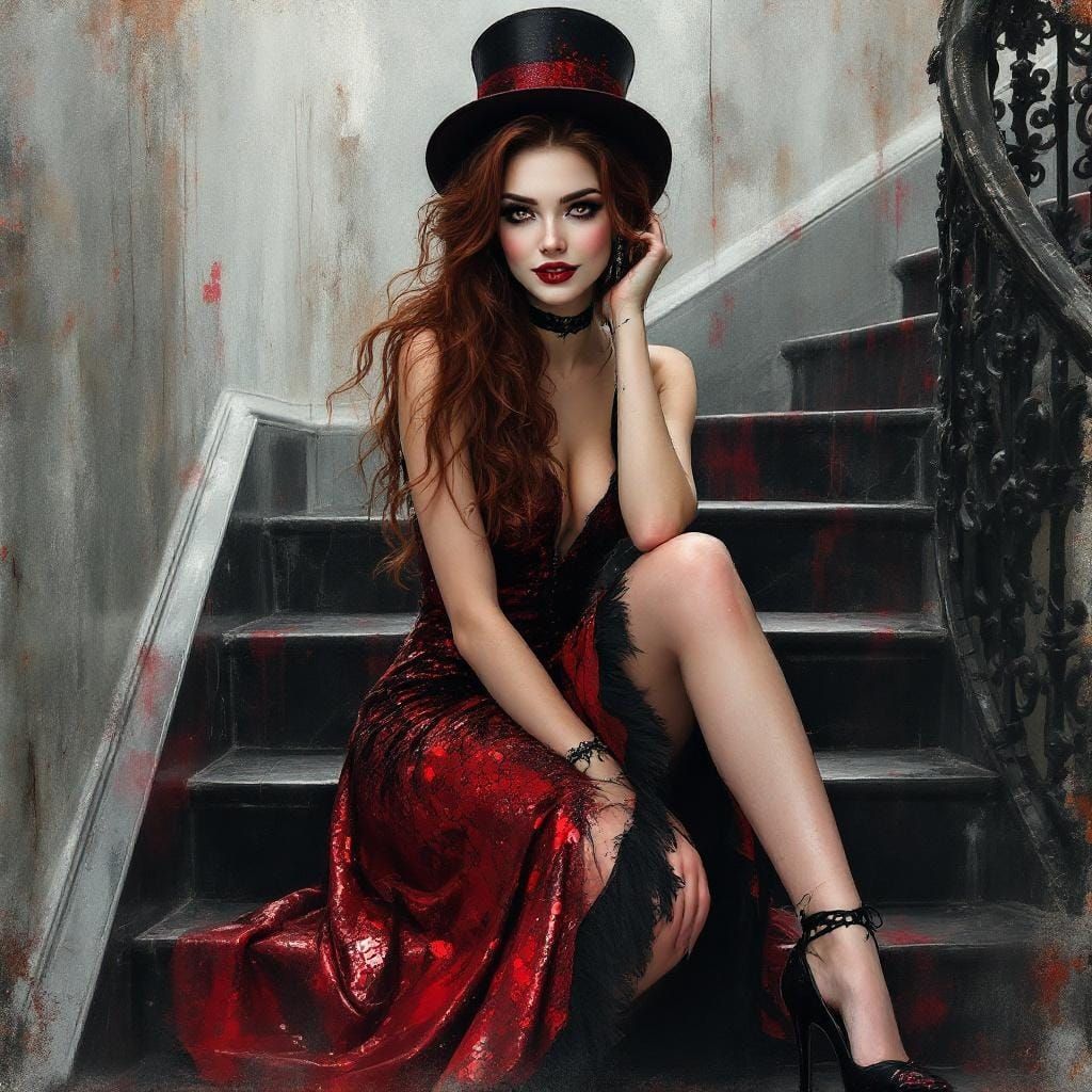 Gothic Woman with Auburn Hair on Marble Staircase