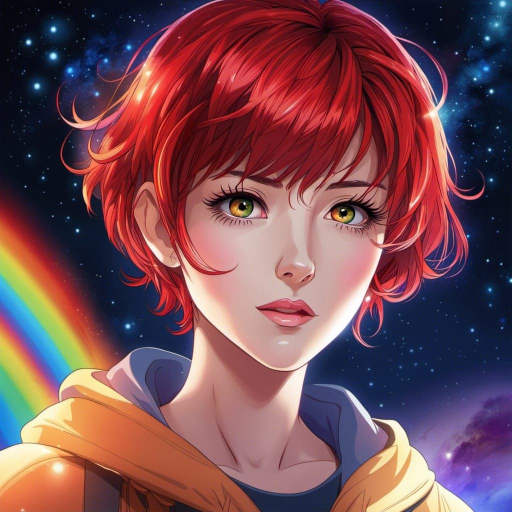 Anime Woman with Rainbow Eyes in Manga Style